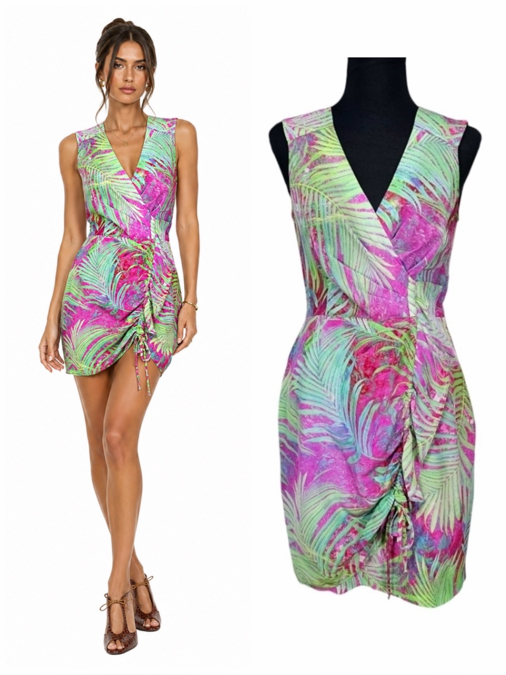 Nanette Lepore Silk Tropical Palm Ruched Dress Sz 2 Y2K Resortcore